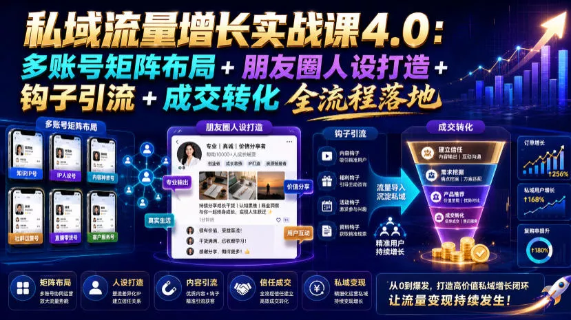 私域流量增长实战课4.0：多账号矩阵布局+朋友圈人设打造+钩子引流+成交转化全流程落地 一点学习助手-零基础自学教程-副业项目-兴趣学习-网盘拉新平台-英语启蒙项目资源网
