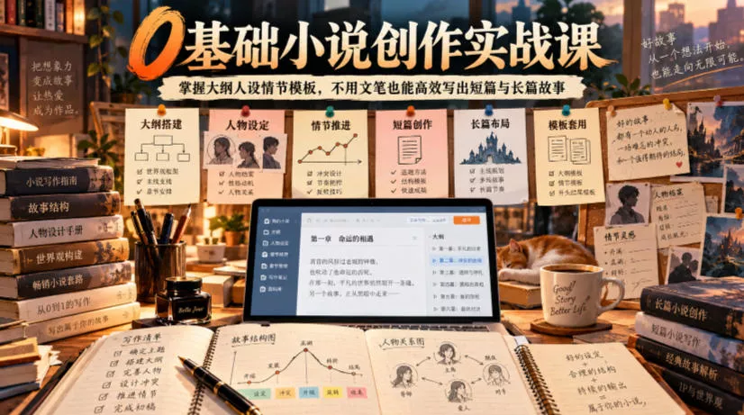 0基础小说创作实战课｜掌握大纲人设情节模板，不用文笔也能高效写出短篇与长篇故事 一点学习助手-零基础自学教程-副业项目-兴趣学习-网盘拉新平台-英语启蒙项目资源网