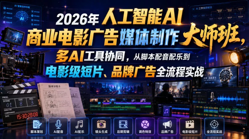 2026年人工智能AI商业电影广告媒体制作大师班，多AI工具协同，从脚本配音配乐到电影级短片、品牌广告全流程实战(中英字幕) 一点学习助手-零基础自学教程-副业项目-兴趣学习-网盘拉新平台-英语启蒙项目资源网
