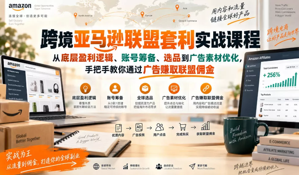 跨境亚马逊联盟套利实战课程，从底层盈利逻辑、账号筹备、选品到广告素材优化，手把手教你通过广告賺取联盟佣金 一点学习助手-零基础自学教程-副业项目-兴趣学习-网盘拉新平台-英语启蒙项目资源网