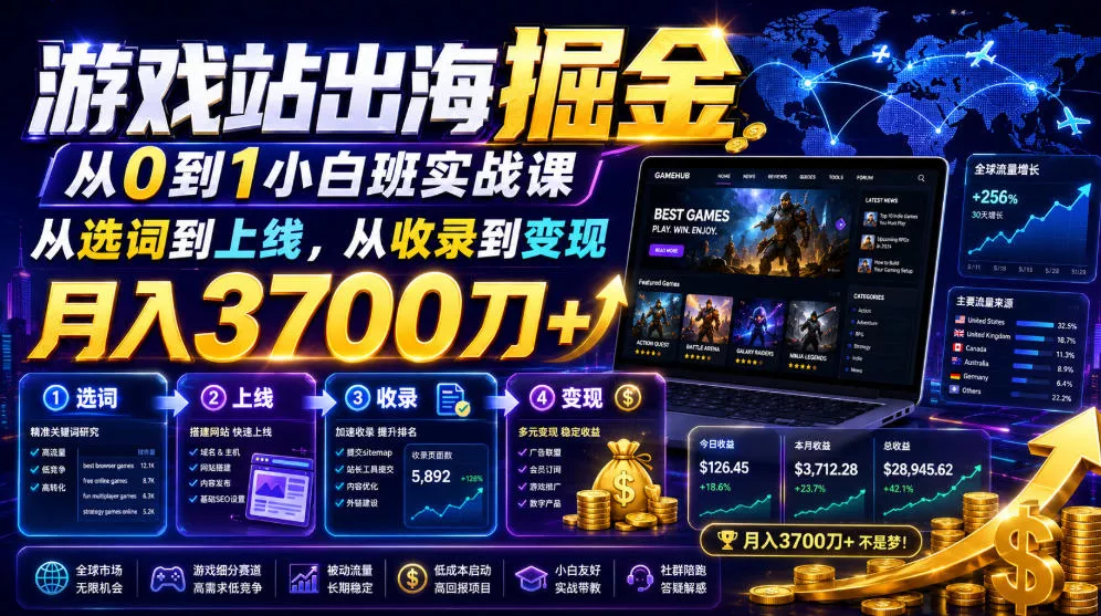 游戏站出海掘金从0到1小白实战课，从选词到上线，从收录到变现，月入3700刀+ 一点学习助手-零基础自学教程-副业项目-兴趣学习-网盘拉新平台-英语启蒙项目资源网