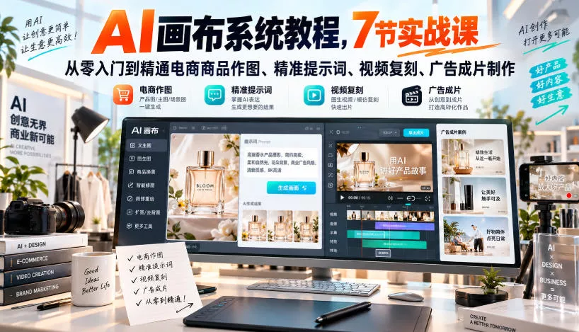 AI画布系统教程，7节实战课从零入门到精通电商商品作图、精准提示词、视频复刻、广告成片制作 一点学习助手-零基础自学教程-副业项目-兴趣学习-网盘拉新平台-英语启蒙项目资源网