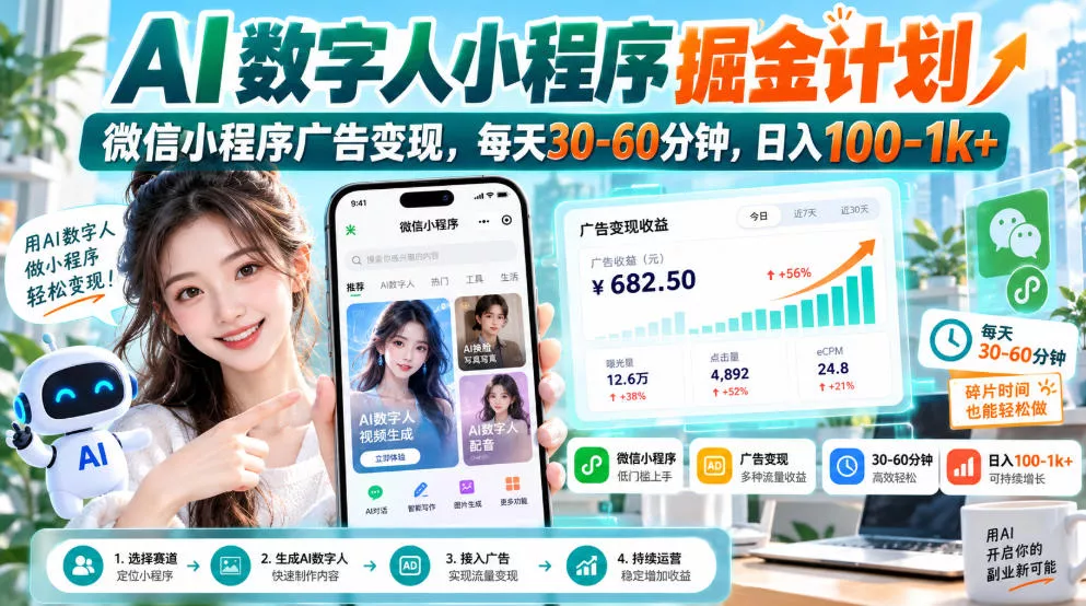 【无水印】AI数字人小程序掘金计划，微信小程序广告变现，每天30‑60分钟，日入100‑1k+ 一点学习助手-零基础自学教程-副业项目-兴趣学习-网盘拉新平台-英语启蒙项目资源网