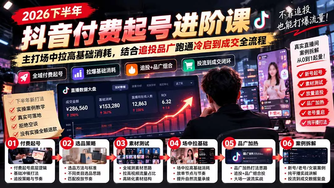 2026下半年抖音付费起号进阶课：主打场中拉高基础消耗，结合追投品广跑通冷启到成交全流程 一点学习助手-零基础自学教程-副业项目-兴趣学习-网盘拉新平台-英语启蒙项目资源网