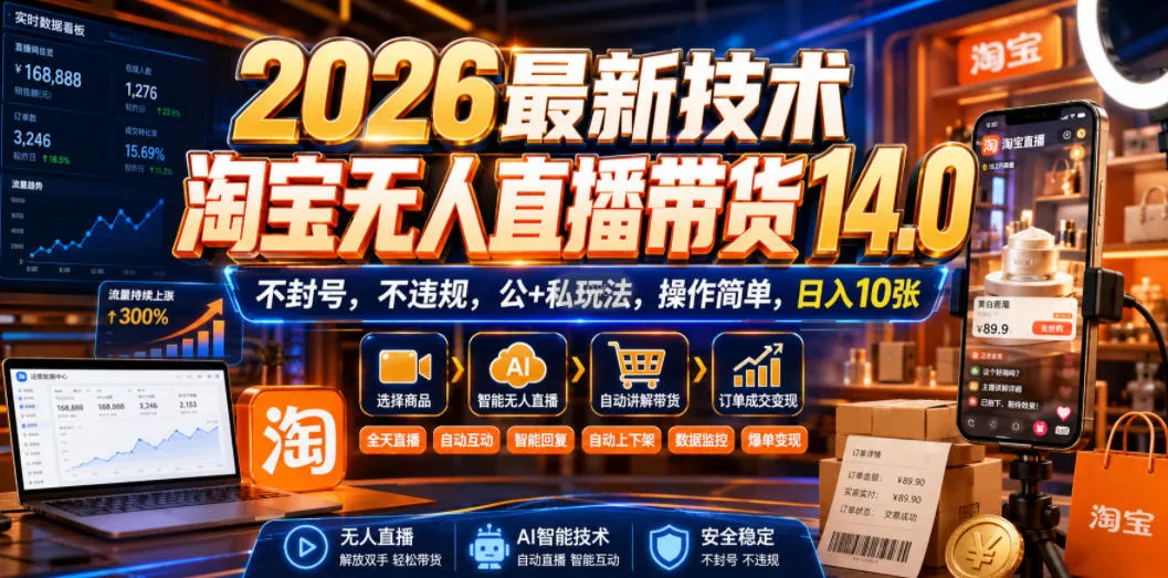2026最新技术，淘宝无人直播带货14.0，不封号，不违规，公+私玩法，操作简单，日入10张【揭秘】 一点学习助手-零基础自学教程-副业项目-兴趣学习-网盘拉新平台-英语启蒙项目资源网