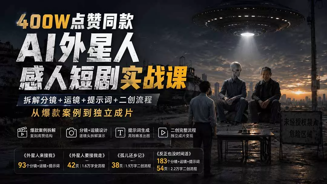 400W点赞同款AI外星人感人短剧实战课：拆解分镜+运镜+提示词+二创流程，从爆款案例到独立成片 一点学习助手-零基础自学教程-副业项目-兴趣学习-网盘拉新平台-英语启蒙项目资源网