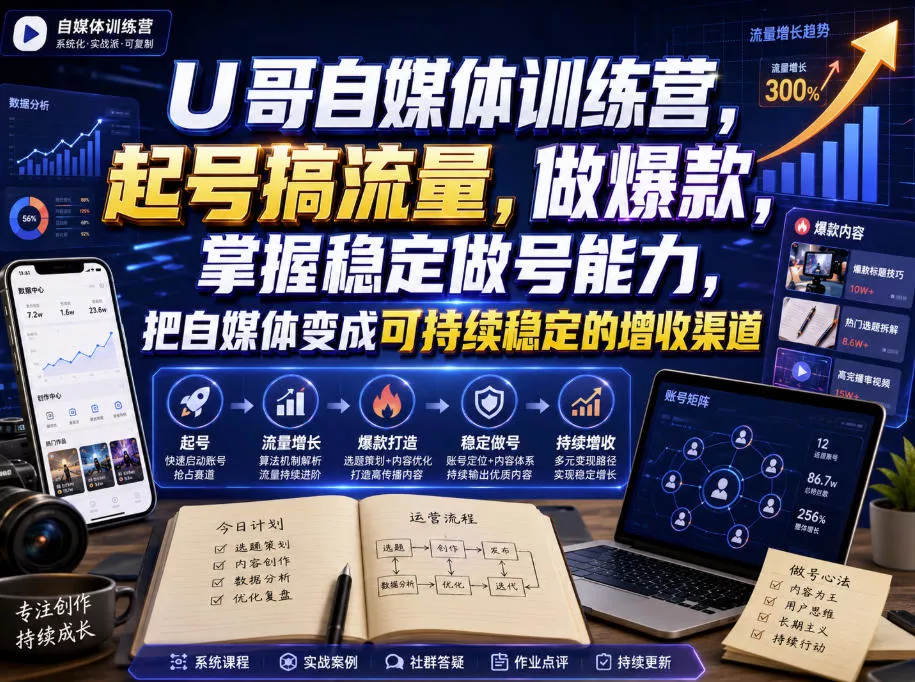 U哥自媒体训练营，起号搞流量，做爆款，掌握稳定做号能力，把自媒体变成可持续稳定的增收渠道 一点学习助手-零基础自学教程-副业项目-兴趣学习-网盘拉新平台-英语启蒙项目资源网