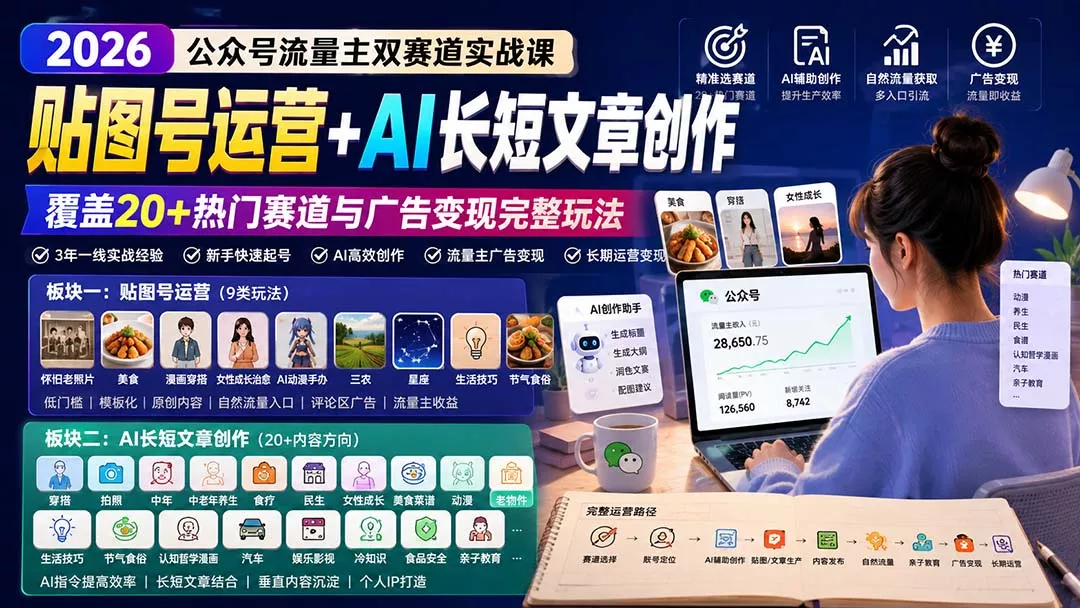 公众号流量主双赛道实战课：贴图号运营+AI长短文章创作，覆盖20+热门赛道与广告变现完整玩法 一点学习助手-零基础自学教程-副业项目-兴趣学习-网盘拉新平台-英语启蒙项目资源网
