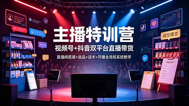 主播特训营：视频号+抖音双平台直播带货，直播间搭建+选品+话术+开播全流程系统教学 一点学习助手-零基础自学教程-副业项目-兴趣学习-网盘拉新平台-英语启蒙项目资源网