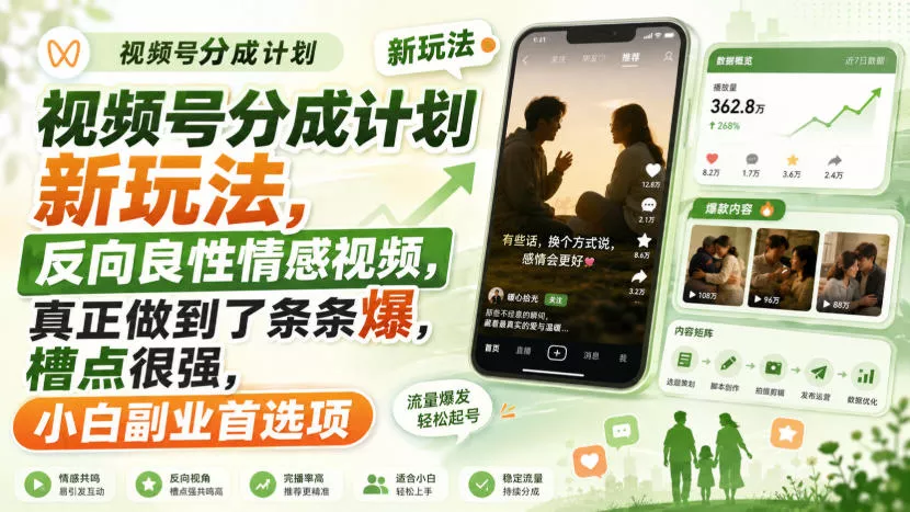 视频号分成计划新玩法，反向良性情感视频，真正做到了条条爆，槽点很强，小白副业首选项 一点学习助手-零基础自学教程-副业项目-兴趣学习-网盘拉新平台-英语启蒙项目资源网