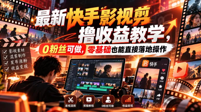 最新快手影视混剪撸收益教学，0粉丝可做，零基础也能直接落地操作 一点学习助手-零基础自学教程-副业项目-兴趣学习-网盘拉新平台-英语启蒙项目资源网