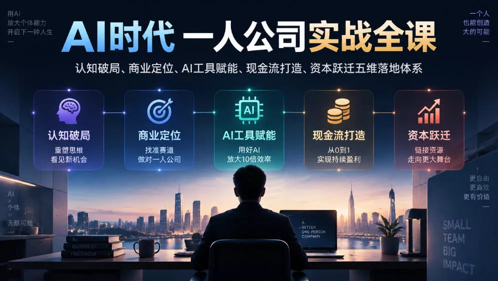 AI时代一人公司实战全课｜认知破局、商业定位、AI工具赋能、现金流打造、资本跃迁五维落地体系 一点学习助手-零基础自学教程-副业项目-兴趣学习-网盘拉新平台-英语启蒙项目资源网