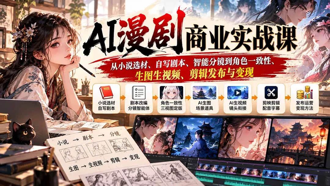 AI漫剧商业实战课：从小说选材、自写剧本、智能分镜到角色一致性、生图生视频、剪辑发布与变现 一点学习助手-零基础自学教程-副业项目-兴趣学习-网盘拉新平台-英语启蒙项目资源网