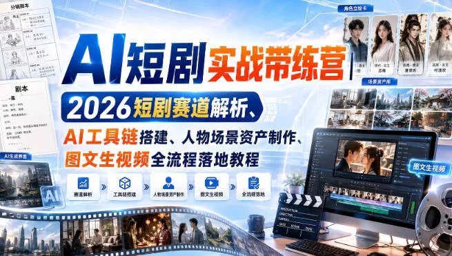 AI短剧实战带练营｜2026短剧赛道解析、AI工具链搭建、人物场景资产制作、图文生视频全流程落地教程 一点学习助手-零基础自学教程-副业项目-兴趣学习-网盘拉新平台-英语启蒙项目资源网