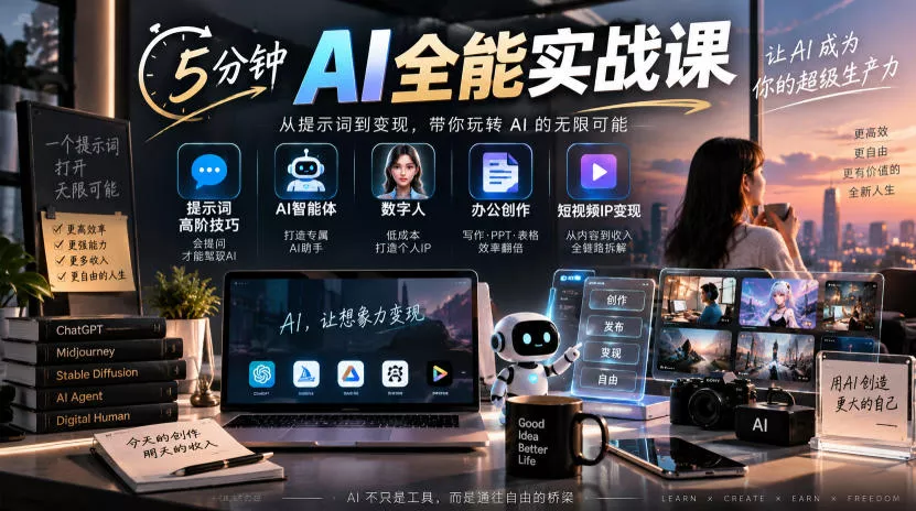 5分钟AI全能实战课｜提示词高阶技巧+AI智能体+数字人+办公创作+短视频IP变现全教程 一点学习助手-零基础自学教程-副业项目-兴趣学习-网盘拉新平台-英语启蒙项目资源网