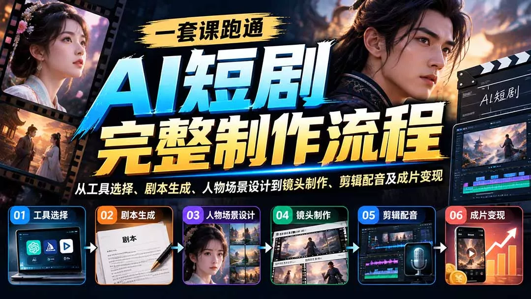 一套课跑通AI短剧完整制作流程：从工具选择、剧本生成、人物场景设计到镜头制作、剪辑配音及成片变现 一点学习助手-零基础自学教程-副业项目-兴趣学习-网盘拉新平台-英语启蒙项目资源网