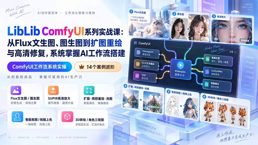 LibLib ComfyUI系列实战课：从Flux文生图、图生图到扩图重绘与高清修复，系统掌握AI工作流搭建 一点学习助手-零基础自学教程-副业项目-兴趣学习-网盘拉新平台-英语启蒙项目资源网