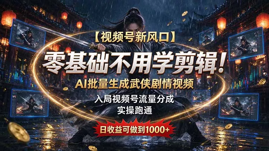 【视频号新风口】零基础不用学剪辑！AI 批量生成武侠剧情视频，入局视频号流量分成，实操跑通，日收益可做到 1000+ 一点学习助手-零基础自学教程-副业项目-兴趣学习-网盘拉新平台-英语启蒙项目资源网