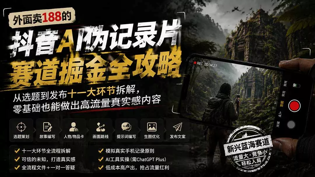 外面卖188的抖音AI伪记录片赛道掘金全攻略；从选题到发布十一大环节拆解，零基础也能做出高流量真实感内容 一点学习助手-零基础自学教程-副业项目-兴趣学习-网盘拉新平台-英语启蒙项目资源网