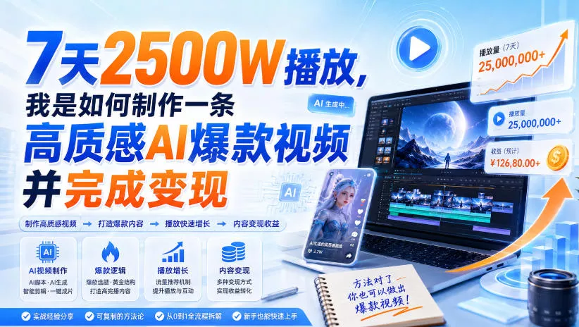 7天2500W播放，我是如何制作一条高质感AI爆款视频并完成变现 一点学习助手-零基础自学教程-副业项目-兴趣学习-网盘拉新平台-英语启蒙项目资源网