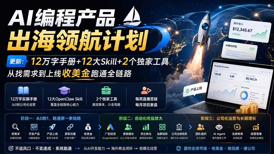 AI编程产品出海领航计划-更新：12万字手册+12大Skill+2个独家工具，从找需求到上线收美金跑通全链路 一点学习助手-零基础自学教程-副业项目-兴趣学习-网盘拉新平台-英语启蒙项目资源网