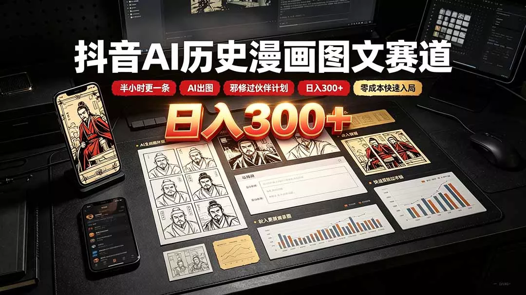 抖音AI历史漫画图文赛道：半小时更一条×AI出图×邪修过伙伴计划×日入300+，零成本快速入局 一点学习助手-零基础自学教程-副业项目-兴趣学习-网盘拉新平台-英语启蒙项目资源网