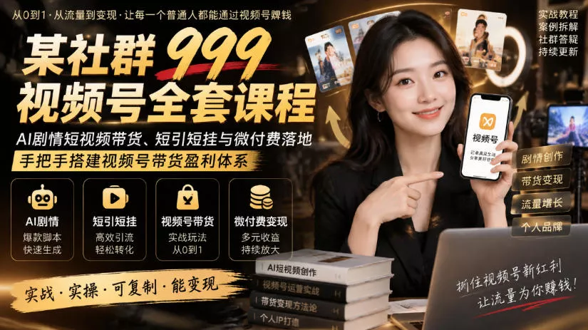 某社群999视频号全套课程，AI剧情短视频带货、短引短挂与微付费落地，手把手搭建视频号带货盈利体系 一点学习助手-零基础自学教程-副业项目-兴趣学习-网盘拉新平台-英语启蒙项目资源网