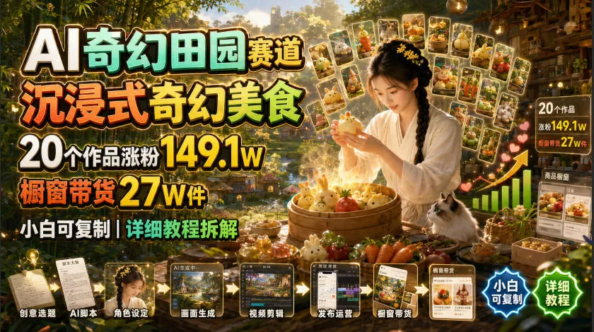AI奇幻田园赛道，沉浸式奇幻美食，20个作品涨粉149.1W，橱窗带货27W件，小白可复制，详细教程拆解 一点学习助手-零基础自学教程-副业项目-兴趣学习-网盘拉新平台-英语启蒙项目资源网