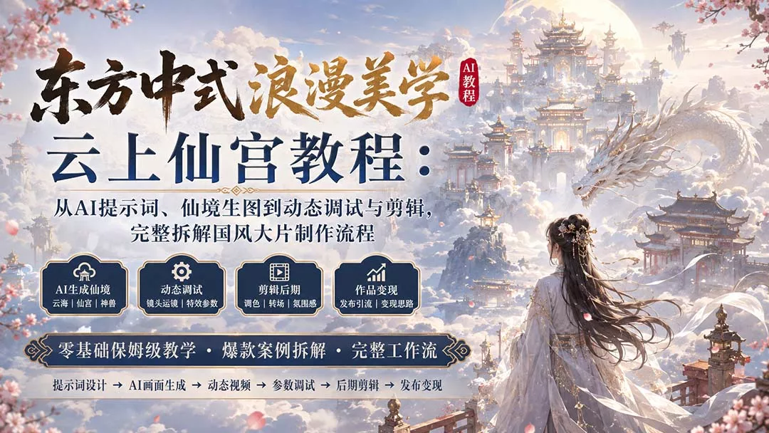 东方中式浪漫美学云上仙宫教程：从AI提示词、仙境生图到动态调试与剪辑，完整拆解国风大片制作流程 一点学习助手-零基础自学教程-副业项目-兴趣学习-网盘拉新平台-英语启蒙项目资源网