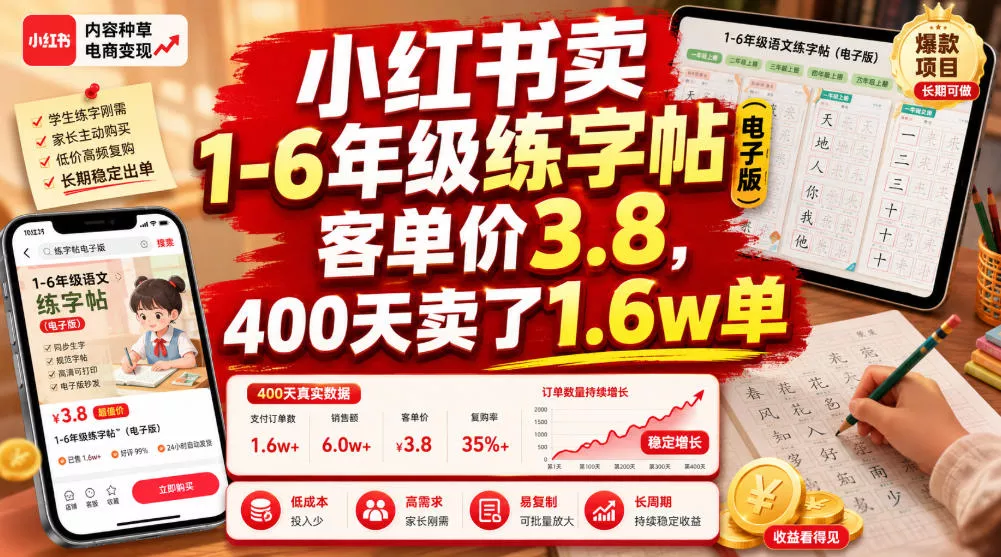 小红书卖1-6年级练字帖(电子版)，客单价3.8，400天卖了1.6w单 一点学习助手-零基础自学教程-副业项目-兴趣学习-网盘拉新平台-英语启蒙项目资源网