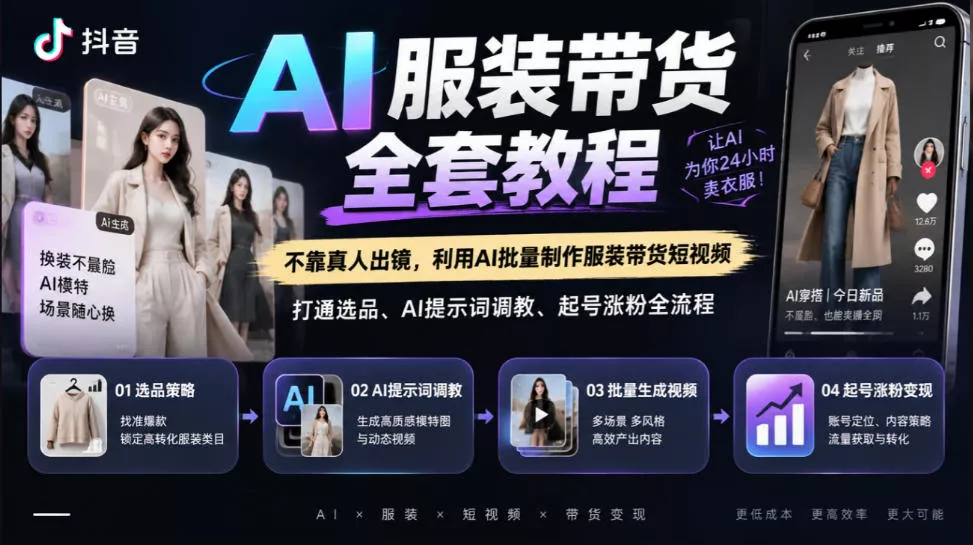 抖音AI服装带货全套教程，不靠真人出镜，利用AI批量制作服装带货短视频，打通选品、AI提示词调教、起号涨粉全流程 一点学习助手-零基础自学教程-副业项目-兴趣学习-网盘拉新平台-英语启蒙项目资源网