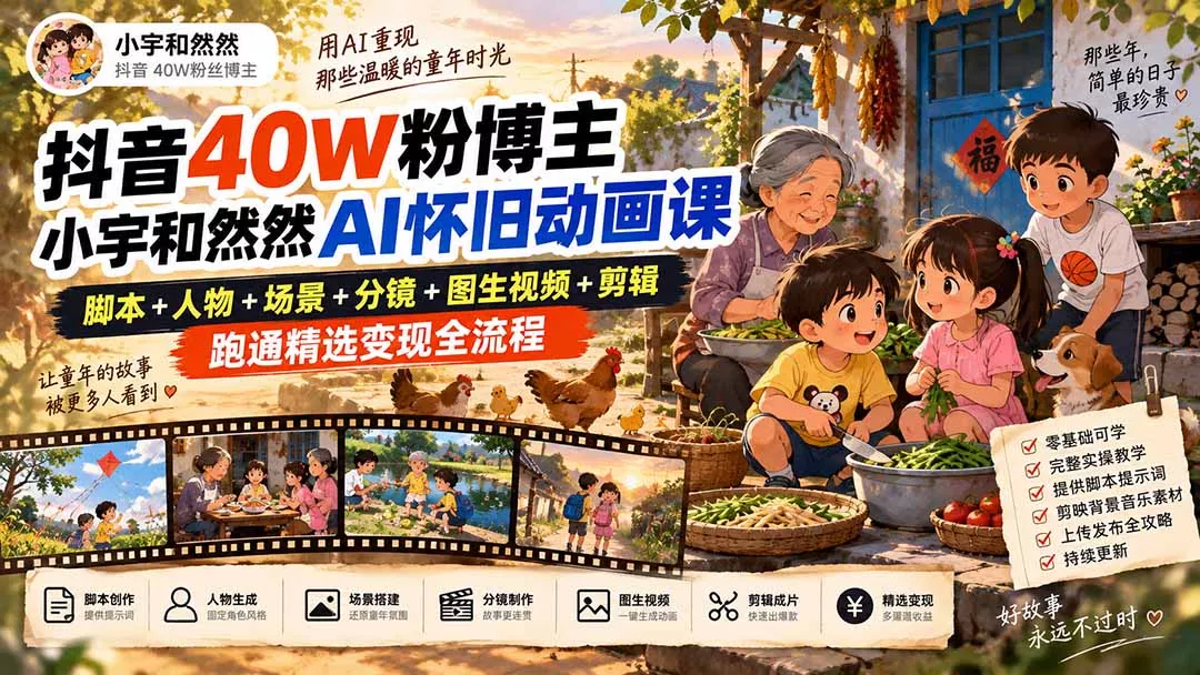抖音40W粉博主小宇和然然AI怀旧动画课｜脚本+人物+场景+分镜+图生视频+剪辑，跑通精选变现全流程 一点学习助手-零基础自学教程-副业项目-兴趣学习-网盘拉新平台-英语启蒙项目资源网