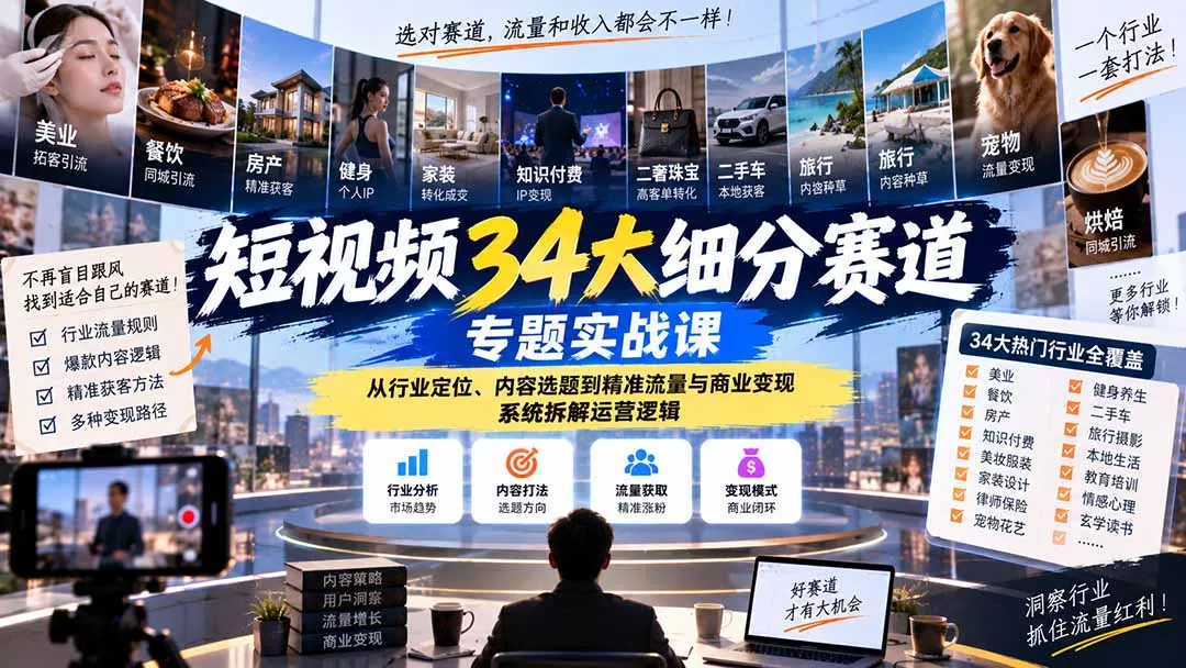 短视频34大细分赛道专题实战课：从行业定位、内容选题到精准流量与商业变现，系统拆解运营逻辑 一点学习助手-零基础自学教程-副业项目-兴趣学习-网盘拉新平台-英语启蒙项目资源网