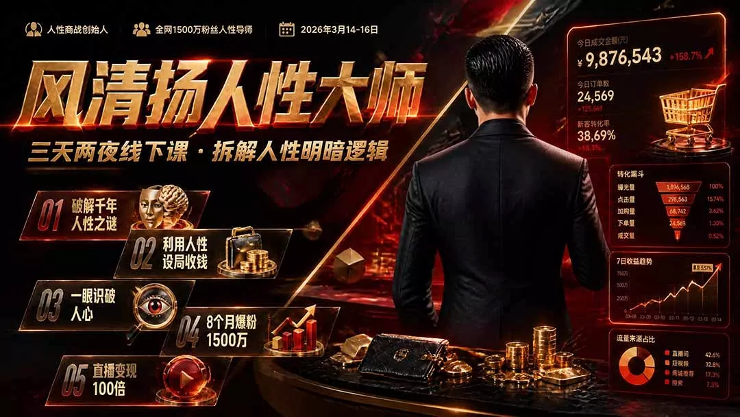 风清扬人性大师-三天两夜3月14-16线下课2026年｜拆解人性明暗逻辑，识人避坑，千万粉涨粉+直播百倍变现实战教学 一点学习助手-零基础自学教程-副业项目-兴趣学习-网盘拉新平台-英语启蒙项目资源网