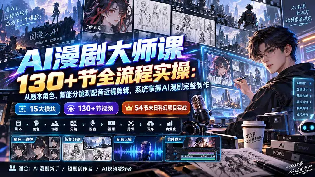 AI漫剧大师课130+节全流程实操：从剧本角色、智能分镜到配音运镜剪辑，系统掌握AI漫剧完整制作 一点学习助手-零基础自学教程-副业项目-兴趣学习-网盘拉新平台-英语启蒙项目资源网