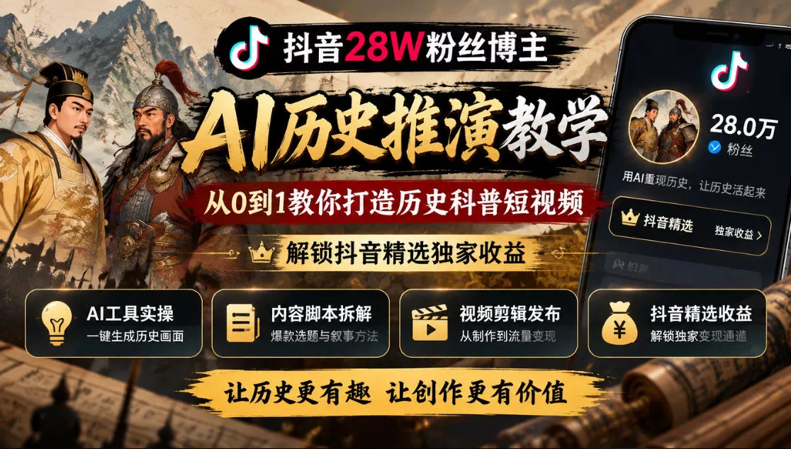抖音28W粉丝博主的AI历史推演教学，从0到1教你打造历史科普短视频，解锁抖音精选独家收益 一点学习助手-零基础自学教程-副业项目-兴趣学习-网盘拉新平台-英语启蒙项目资源网