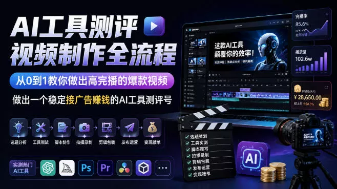 AI工具测评视频制作全流程，从0到1教你做出高完播的爆款视频，做出一个稳定接广告賺钱的AI工具测评号 一点学习助手-零基础自学教程-副业项目-兴趣学习-网盘拉新平台-英语启蒙项目资源网