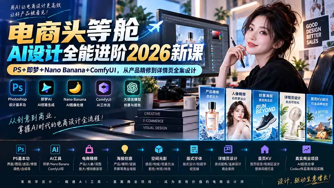 电商头等舱AI设计全能进阶2026新课：PS+即梦+Nano Banana+ComfyUI，从产品精修到详情页全案设计 一点学习助手-零基础自学教程-副业项目-兴趣学习-网盘拉新平台-英语启蒙项目资源网
