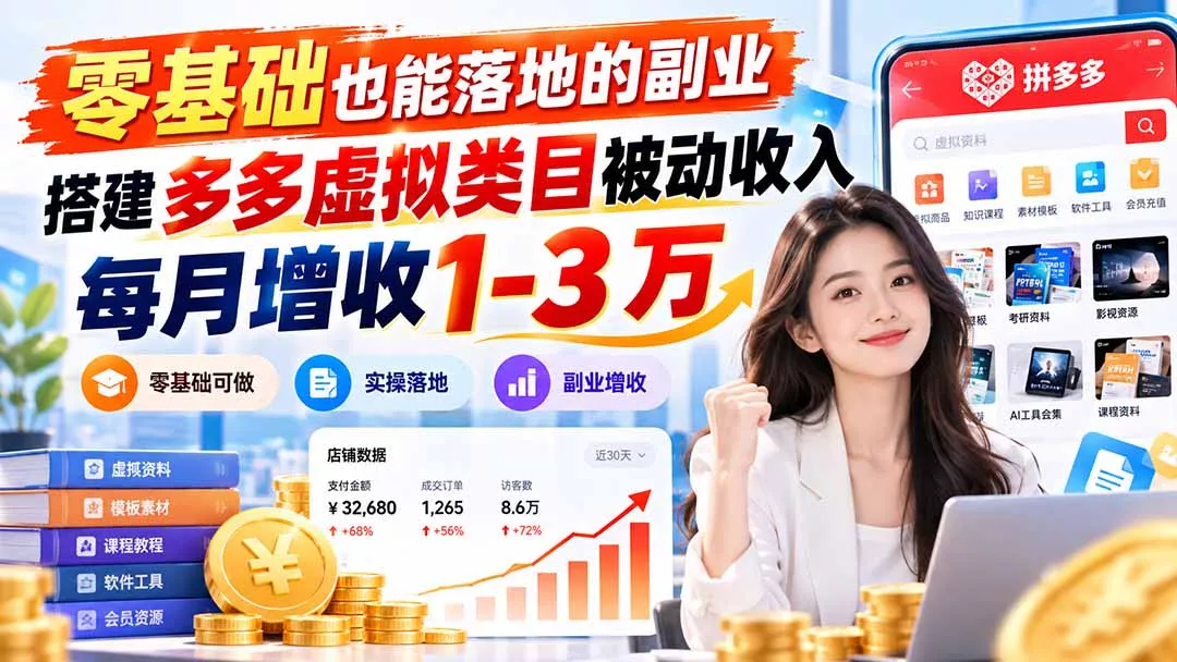 零基础也能落地的副业，搭建多多虚拟类目被动收入，每月增收 1-3 万 一点学习助手-零基础自学教程-副业项目-兴趣学习-网盘拉新平台-英语启蒙项目资源网