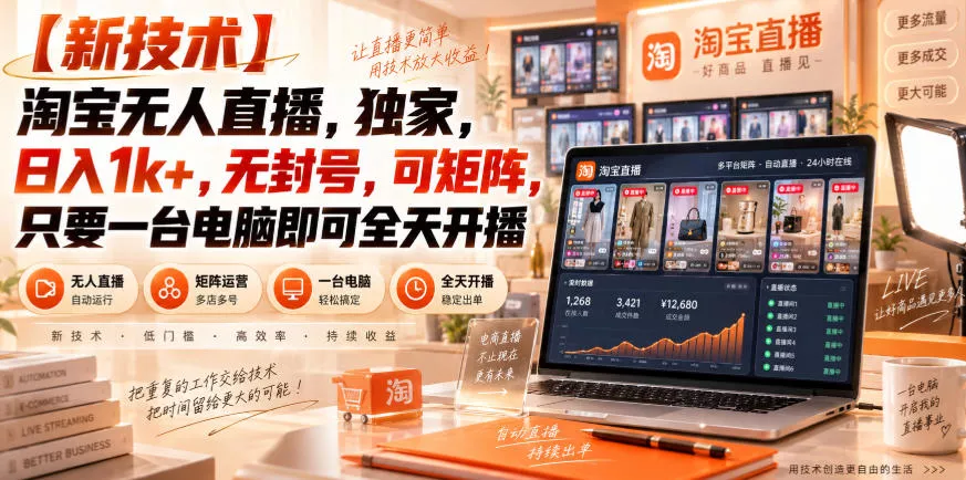 【独家新技术】淘宝无人直播，日入1k+，无封号，可矩阵，只要一台电脑即可全天开播【揭秘】 一点学习助手-零基础自学教程-副业项目-兴趣学习-网盘拉新平台-英语启蒙项目资源网