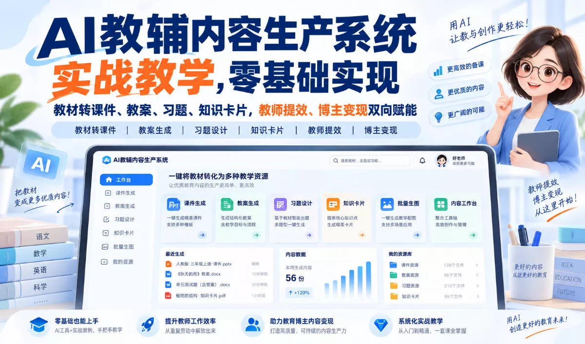 【无水印】AI教辅内容生产系统实战教学，零基础实现教材转课件、教案、习题、知识卡片，教师提效、博主变现双向赋能(更新0926) 一点学习助手-零基础自学教程-副业项目-兴趣学习-网盘拉新平台-英语启蒙项目资源网