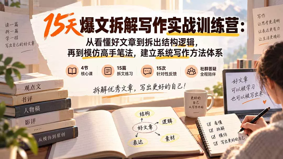 15天爆文拆解写作实战训练营：从看懂好文章到拆出结构逻辑，再到模仿高手笔法，建立系统写作方法体系