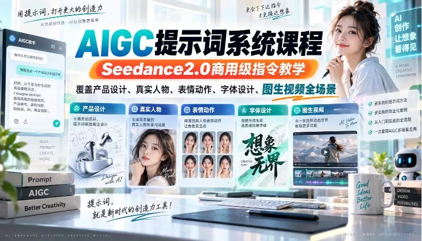 AIGC提示词系统课程，Seedance2.0商用级指令教学，覆盖产品设计、真实人物、表情动作、字体设计、图生视频全场景 一点学习助手-零基础自学教程-副业项目-兴趣学习-网盘拉新平台-英语启蒙项目资源网