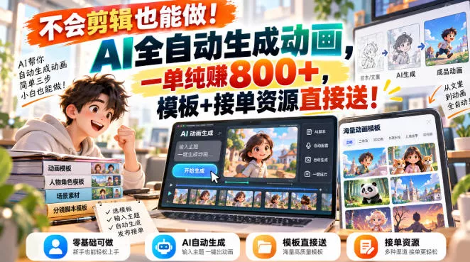 不会剪辑也能做！AI全自动生成动画，一单纯賺800+，模板+接单资源直接送！【揭秘】 一点学习助手-零基础自学教程-副业项目-兴趣学习-网盘拉新平台-英语启蒙项目资源网