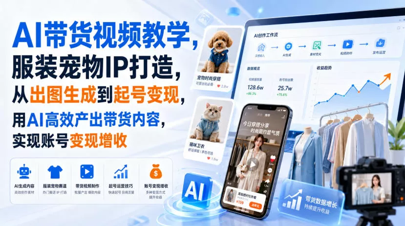 AI带货视频教学，服装宠物IP打造，从出图生成到起号变现，用AI高效产出带货内容，实现账号变现增收 一点学习助手-零基础自学教程-副业项目-兴趣学习-网盘拉新平台-英语启蒙项目资源网