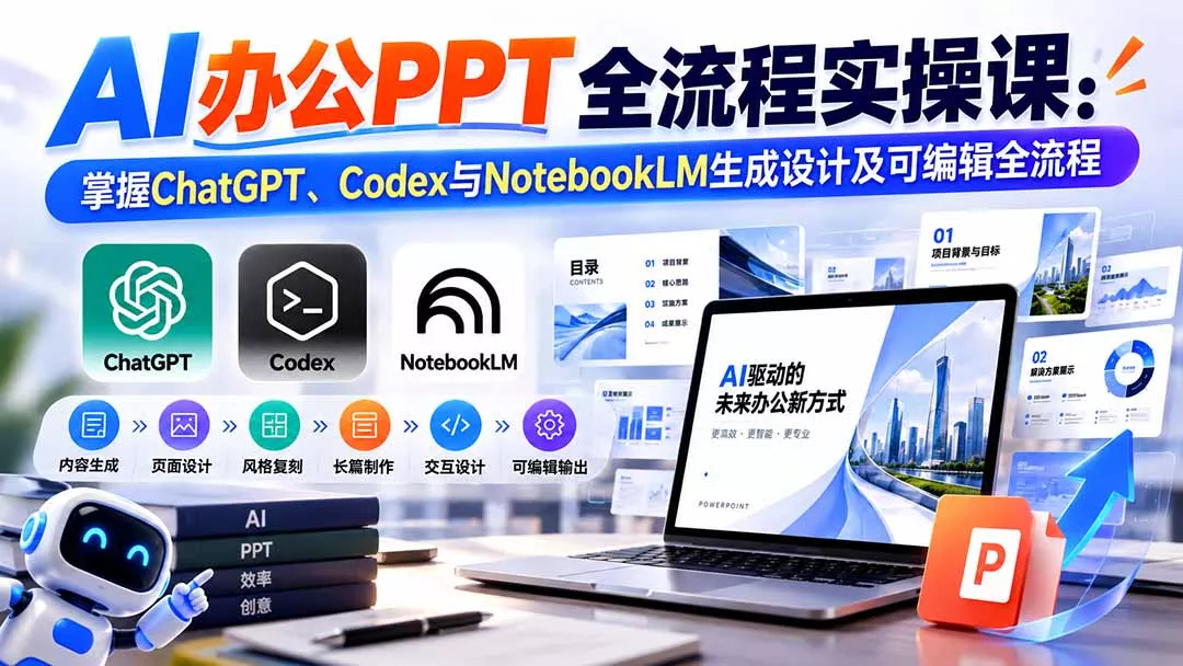 【无水印】AI办公PPT全流程实操课： 掌握ChatGPT、Codex与NotebookLM生成设计及可编辑全流程 一点学习助手-零基础自学教程-副业项目-兴趣学习-网盘拉新平台-英语启蒙项目资源网