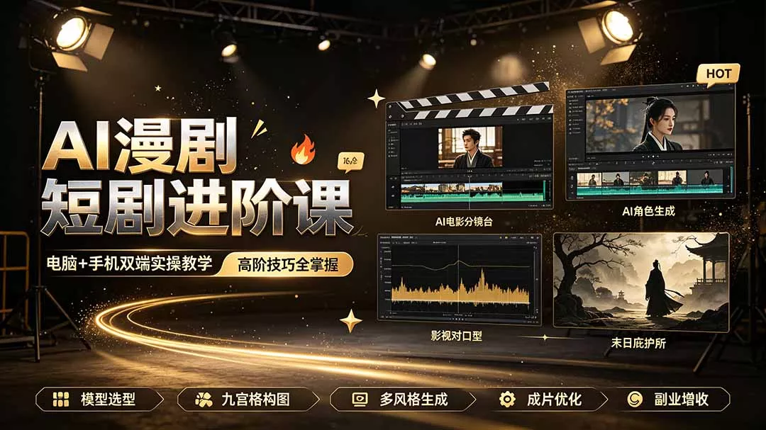 AI漫剧短剧进阶课｜电脑+手机双端实操教学｜影视剧对口型人物吃瓜×解压末日庇护所全程讲解，高阶技巧全掌握 一点学习助手-零基础自学教程-副业项目-兴趣学习-网盘拉新平台-英语启蒙项目资源网