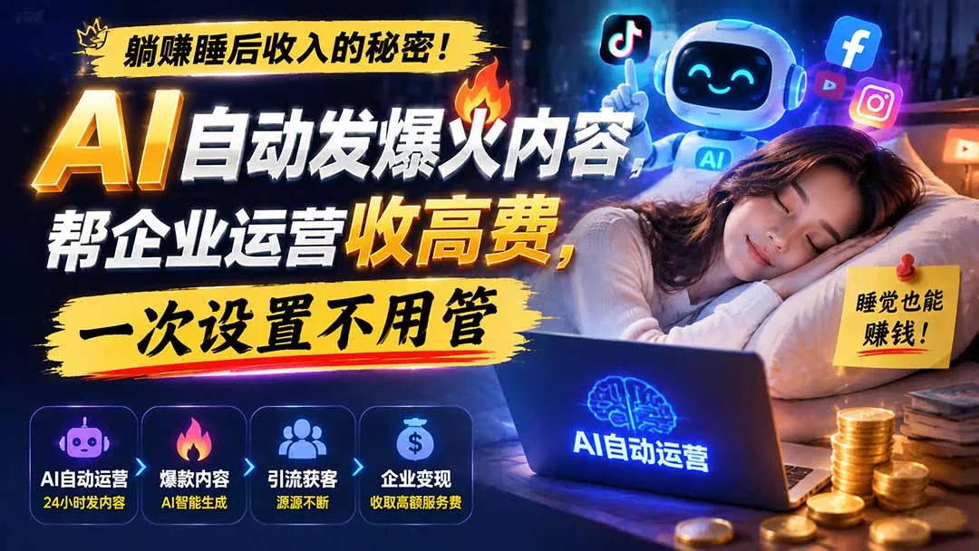 躺赚睡后收入的秘密！AI 自动发爆火内容，帮企业运营收高费，一次设置不用管【原创双语字幕】 一点学习助手-零基础自学教程-副业项目-兴趣学习-网盘拉新平台-英语启蒙项目资源网