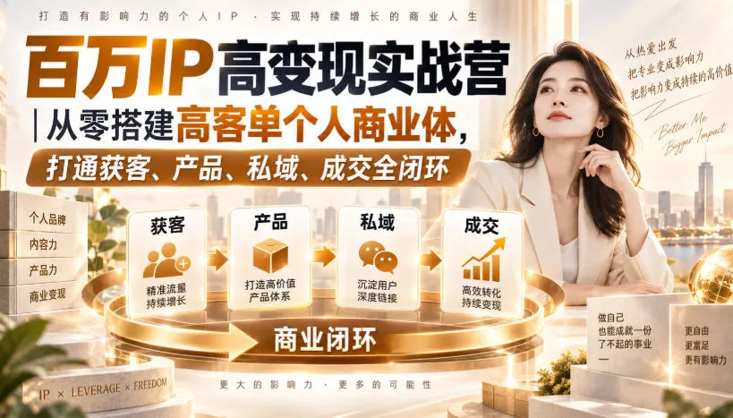 百万IP高变现实战营｜从零搭建高客单个人商业体，打通获客、产品、私域、成交全闭环 一点学习助手-零基础自学教程-副业项目-兴趣学习-网盘拉新平台-英语启蒙项目资源网