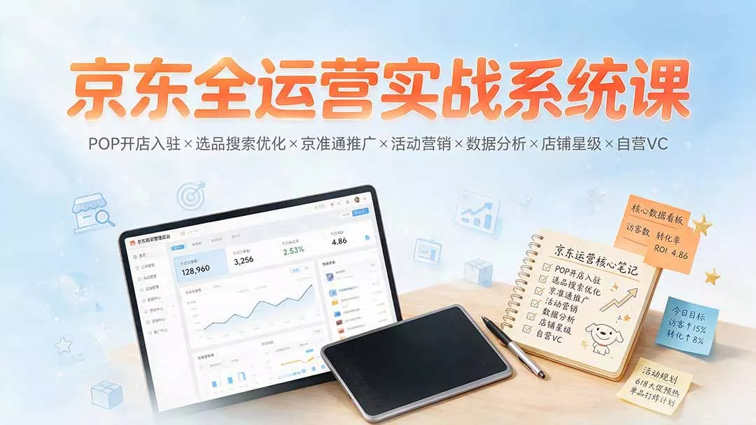 京东全运营实战系统课：POP开店入驻×选品搜索优化×京准通推广×活动营销×数据分析×店铺星级×自营VC 一点学习助手-零基础自学教程-副业项目-兴趣学习-网盘拉新平台-英语启蒙项目资源网